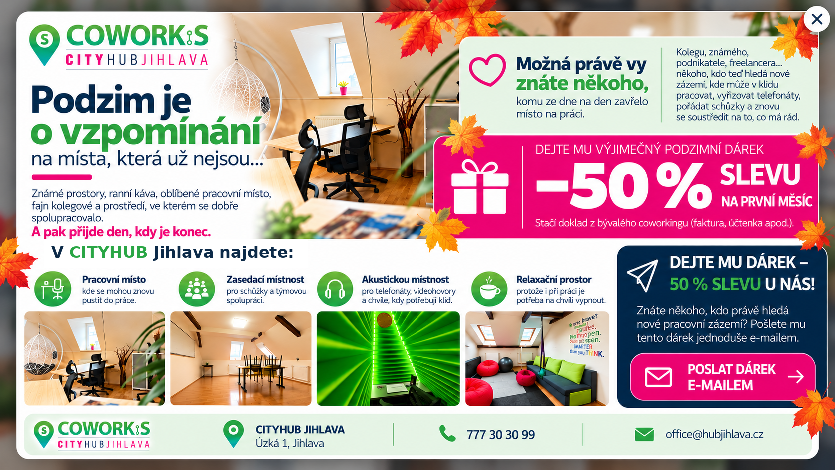 Podzimní nabídka CITYHUB Jihlava: 50% sleva na první měsíc